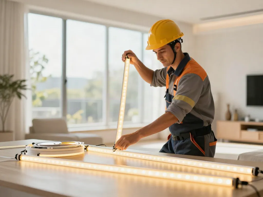Instalator profesionist montând banda LED 220V în interior, serviciu de încredere și local.